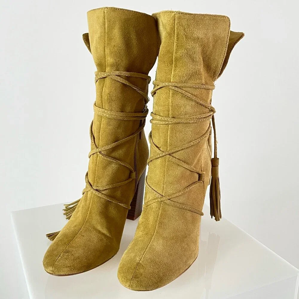 Bohemian | Zara Camel Suede Wrap Boot | Fringe Tassel | Western Cowgirl | Size 8 - Picture 2 of 6